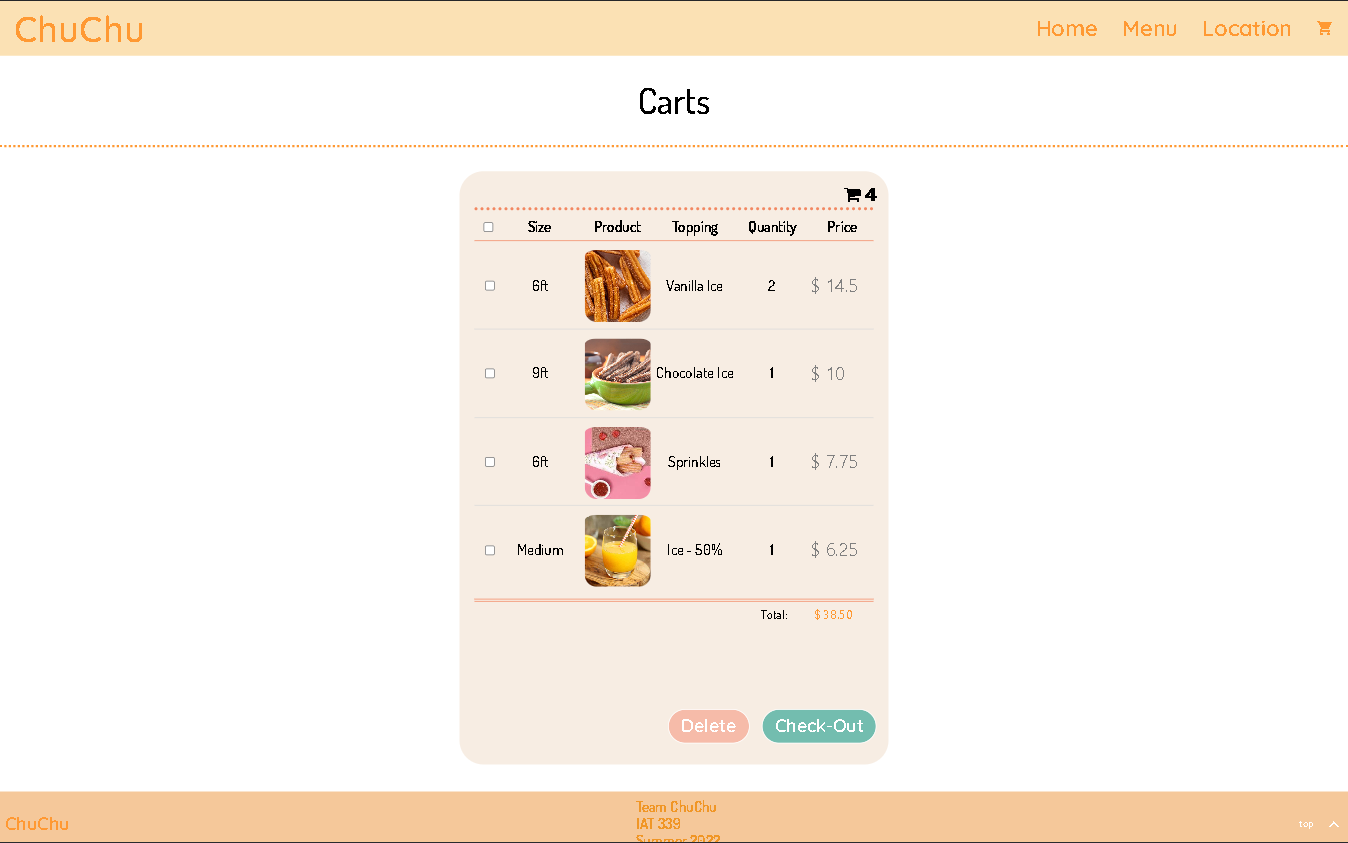 screenshot of the carts page