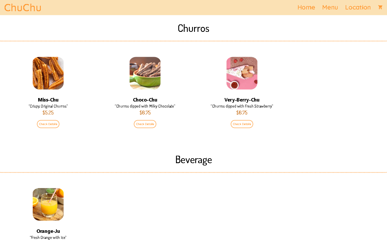 screenshot of the menu page