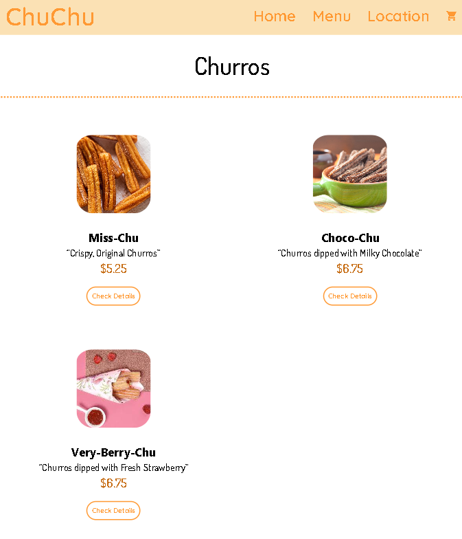 screenshot of the new chuchu menu page