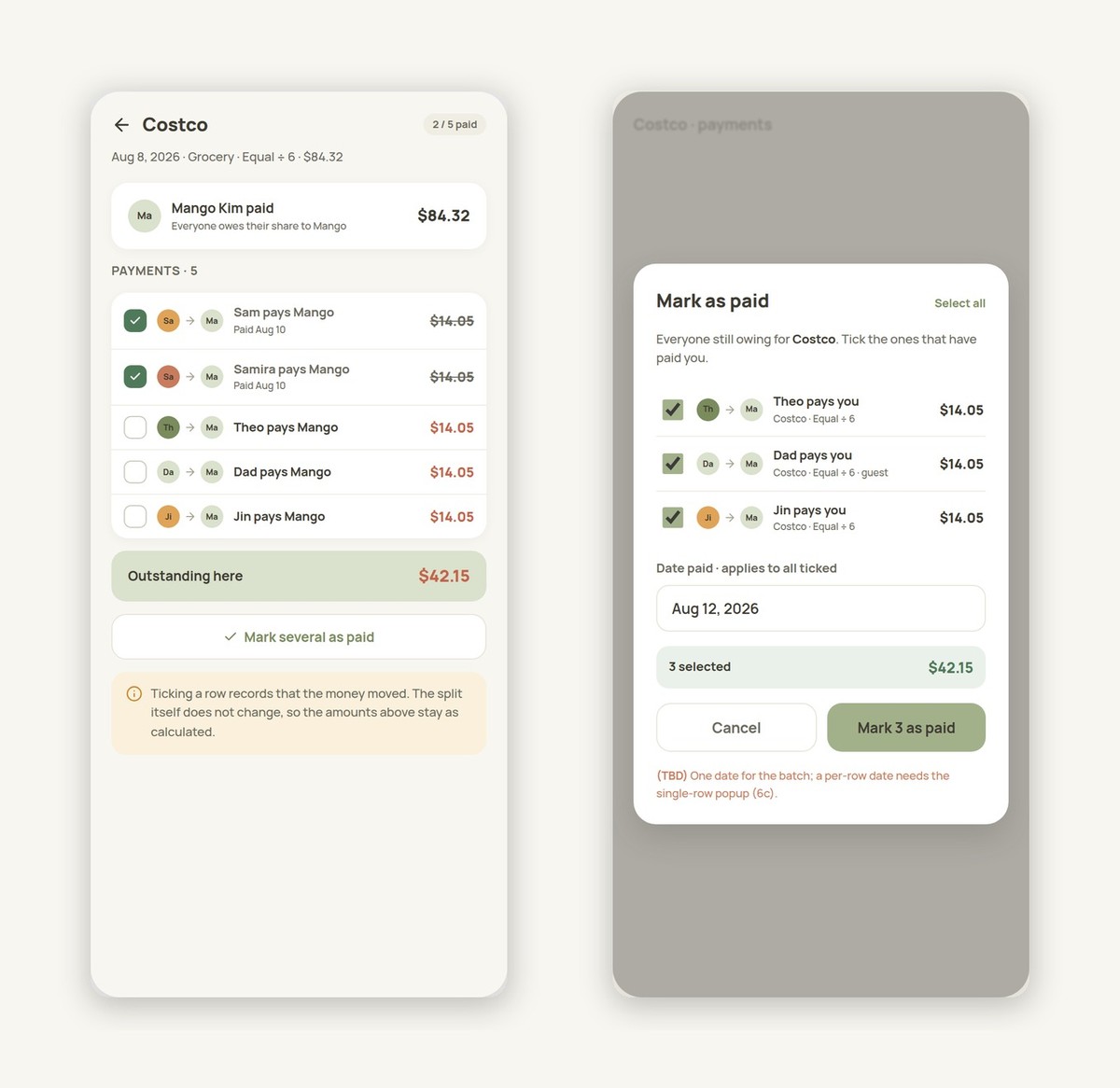 Settlement checklist and mark-as-paid flow