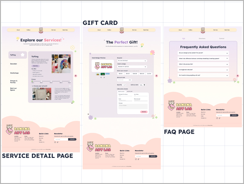 Service detail, gift card, and FAQ pages